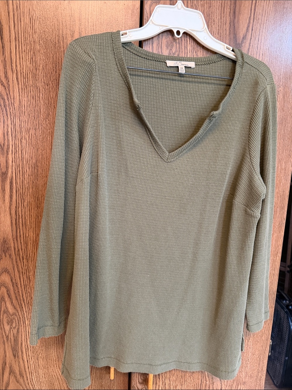 Casual Olive Green V-Neck Waffle Long Sleeve Top